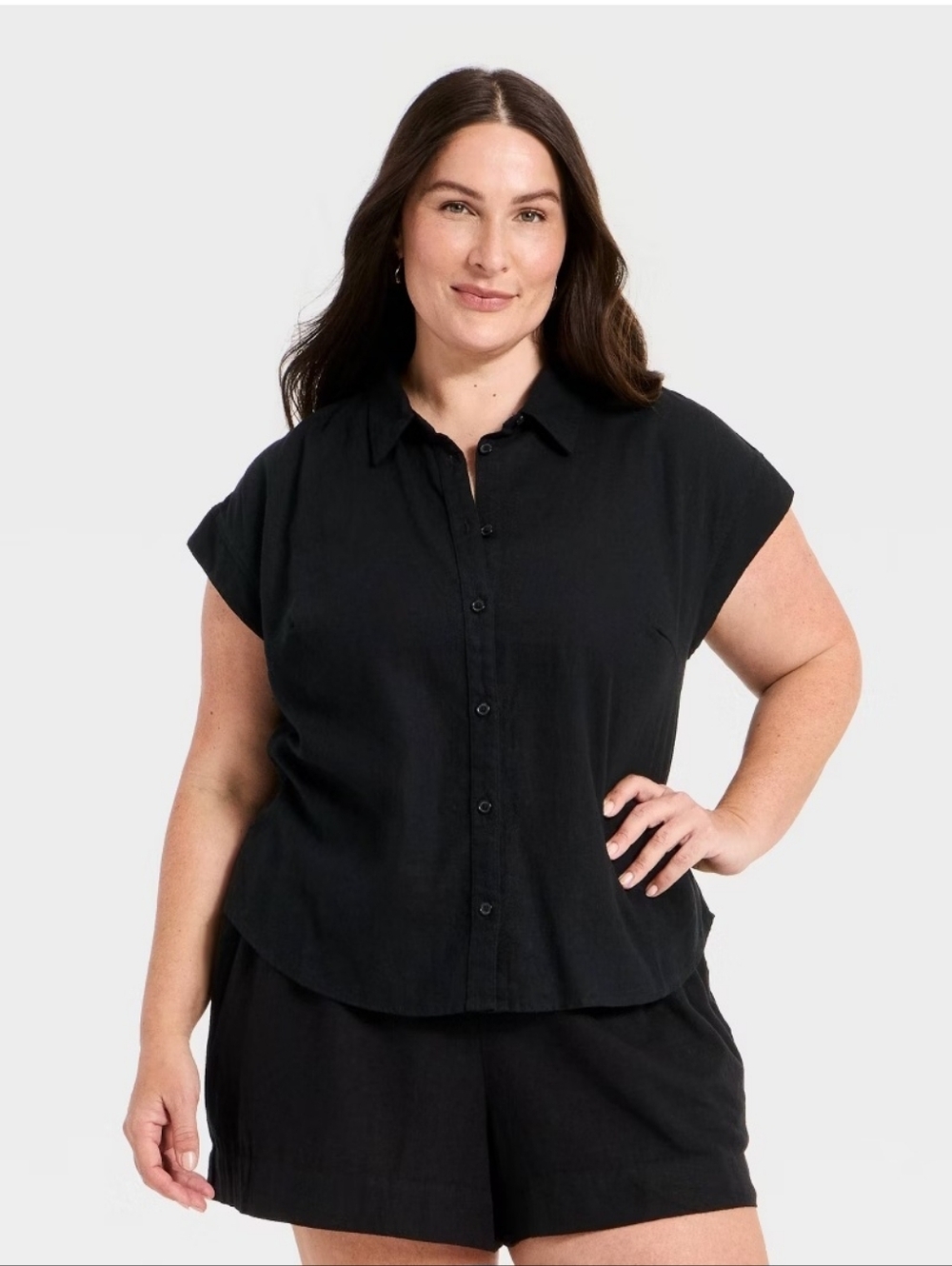 a new day Black Cap-Sleeve Button-Front Top